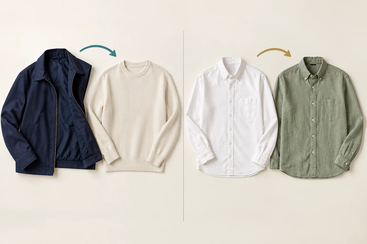 Flat-lay comparison of a navy jacket beside a cream sweater and two replacement shirts with arrows between the garments.